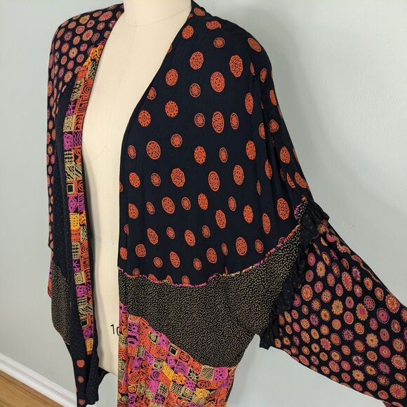 Vintage Kimono Top M Black Pink Cardigan Patchwork Color Artsy Eclectic 90s - Picture 5 of 14